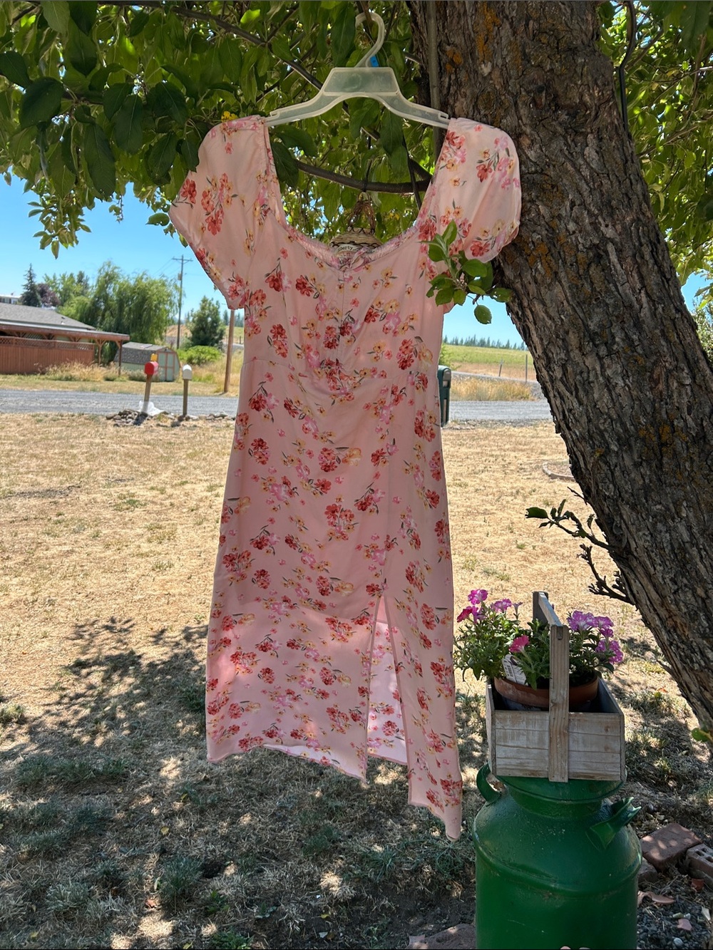New Liberty Love Pink Floral Midi Dress with Puff Sleeves
